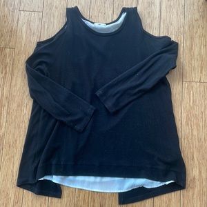 Pleione Cold Shoulder Black Cut Out Mixed Media Sweater Blouse Top